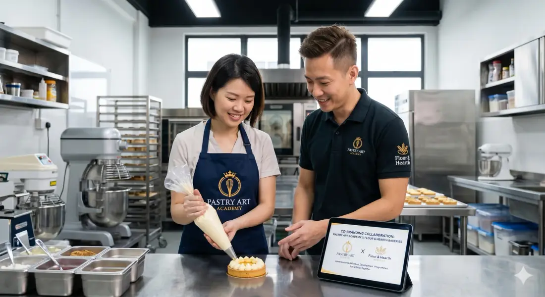 Pastry Art Academy business collaboration with co-branding partners in the kitchen