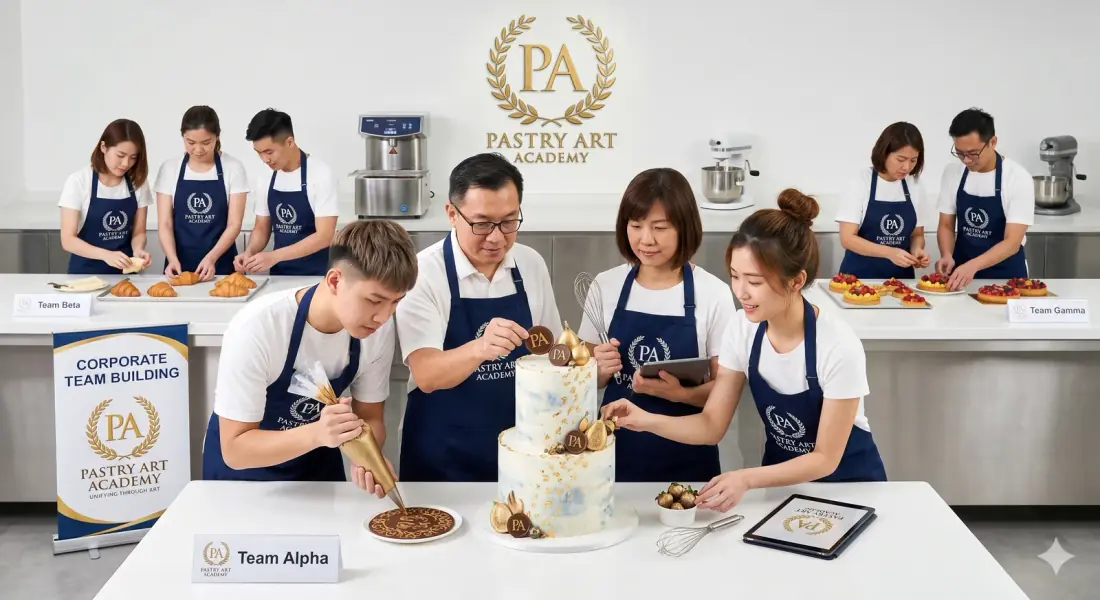 Pastry Art Academy corporate team building session with teams decorating cakes