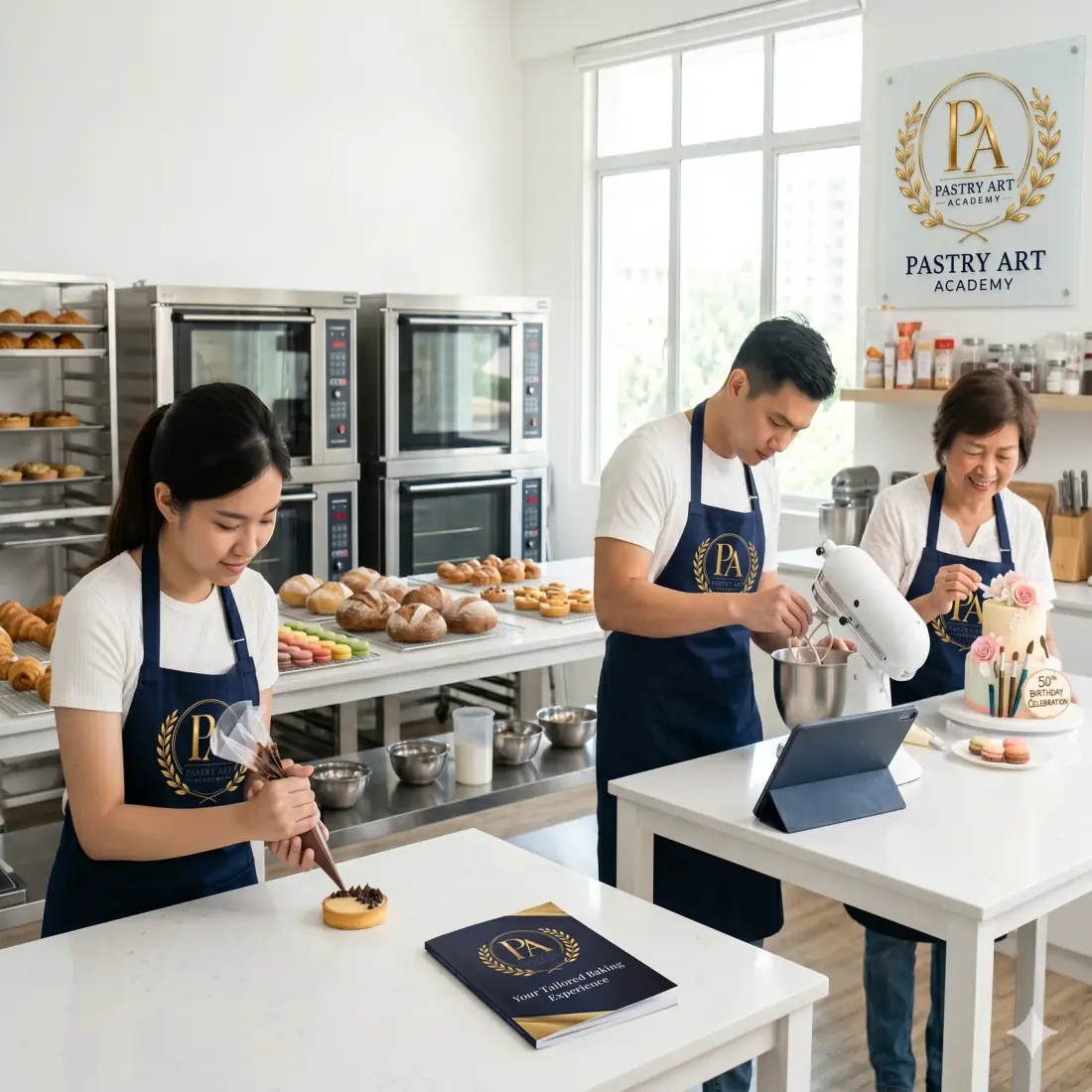 Students in PA aprons attending a customised baking class at Pastry Art Academy