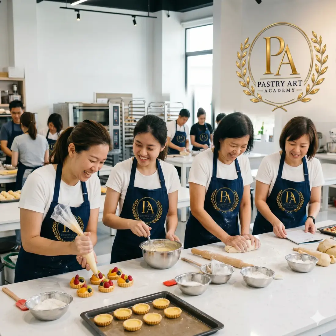 Students in Pastry Art Academy aprons baking together in a bright professional kitchen