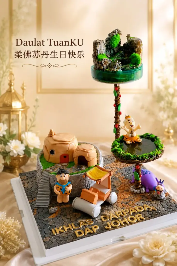 Sultan birthday Flintstones diorama cake by Chef Hang