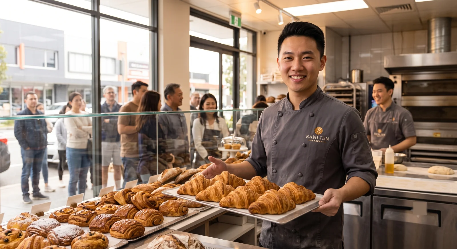 A confident baker presenting a tray of fresh croissants at a busy bakery counter