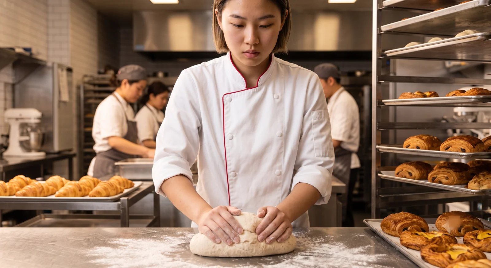 A baker kneading fresh dough on a floured worktop in a professional bakery