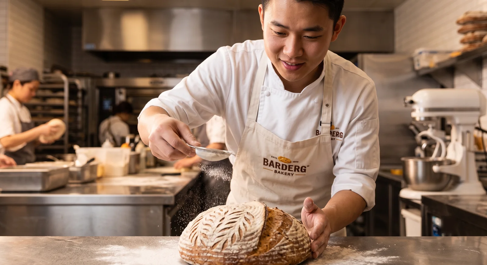 A baker dusting flour onto a finished artisan sourdough loaf in a professional bakery