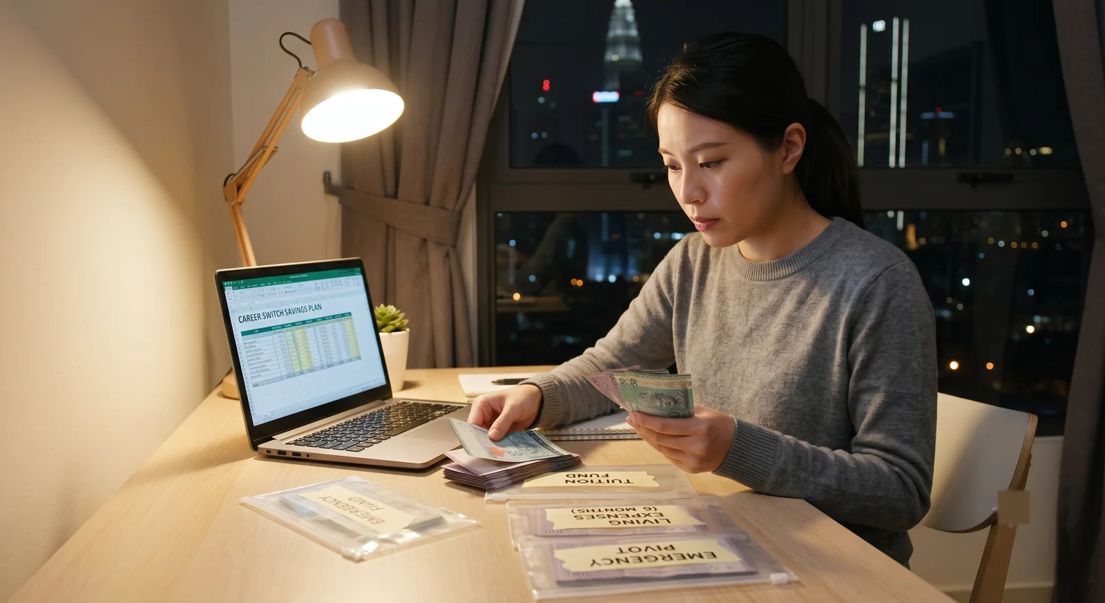 A career-changer counting ringgit beside a Career Switch Savings Plan spreadsheet and envelopes for tuition, living costs and an emergency fund