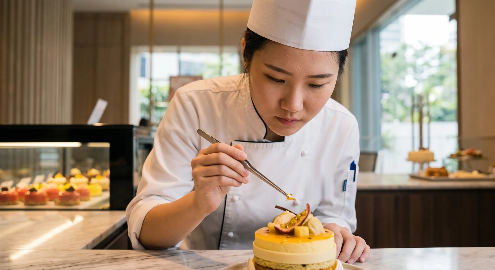 An East-Asian pastry chef in chef whites carefully placing gold leaf on a passionfruit dessert in a bright patisserie