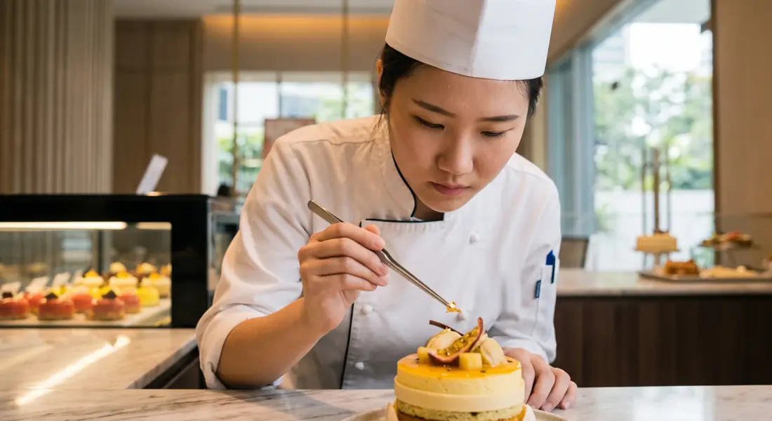 An East-Asian pastry chef in chef whites carefully placing gold leaf on a passionfruit dessert in a bright patisserie