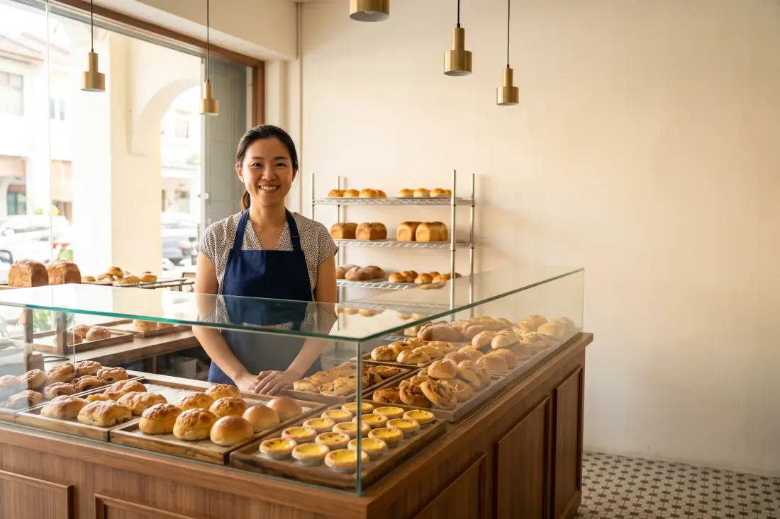 A Malaysian bakery owner standing behind her shop counter, with a glass display case of fresh buns, pastries and egg tarts