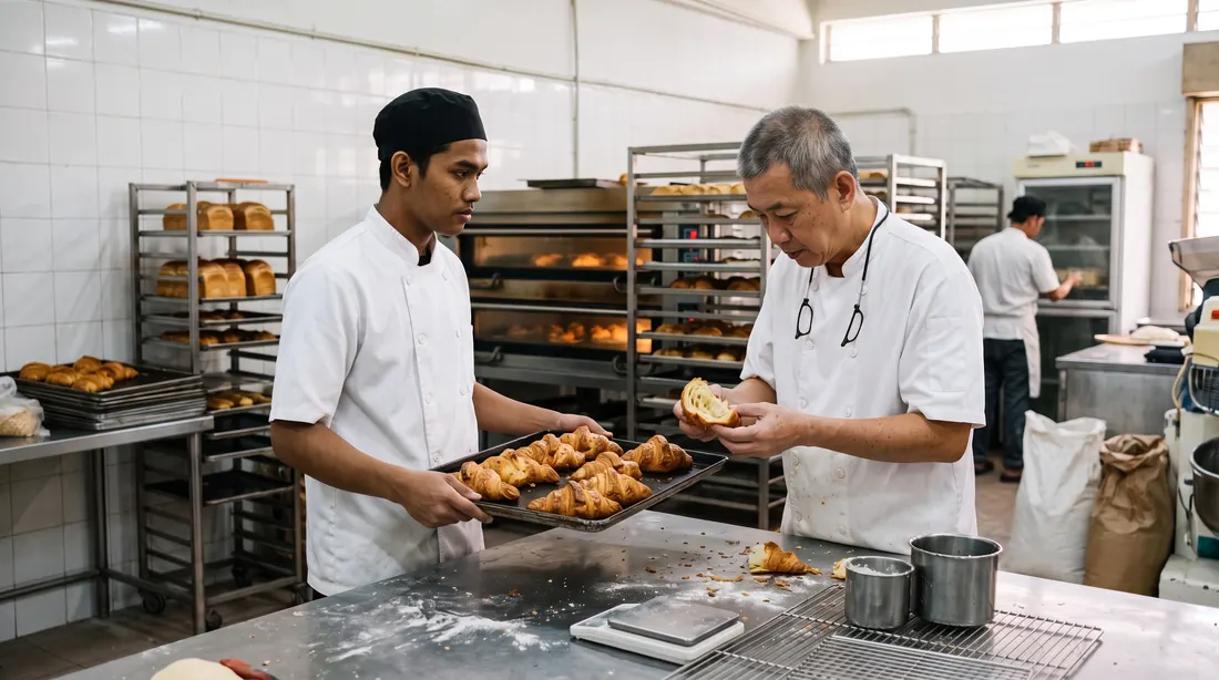 A young pastry cook in plain chef whites shows a tray of croissants to a head baker, who checks the layers during a kitchen trial.