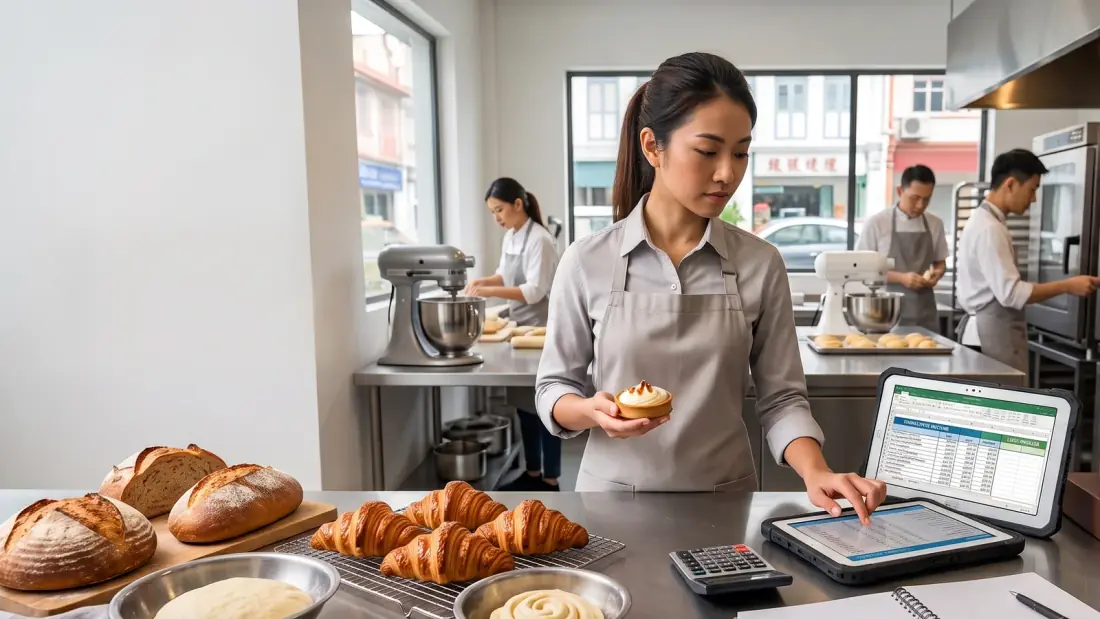 Bakery owner reviewing costing on a tablet spreadsheet beside fresh bread and croissants