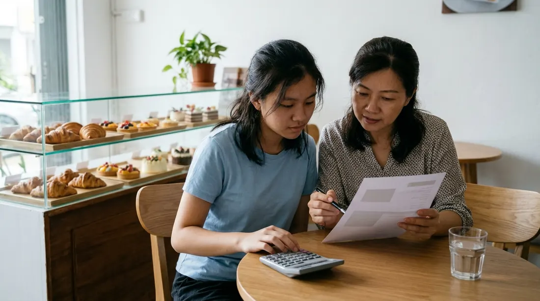 A mother and her teenage daughter go over a printed fee sheet with a calculator at a pastry school reception, with a glass display of croissants and tarts behind them.
