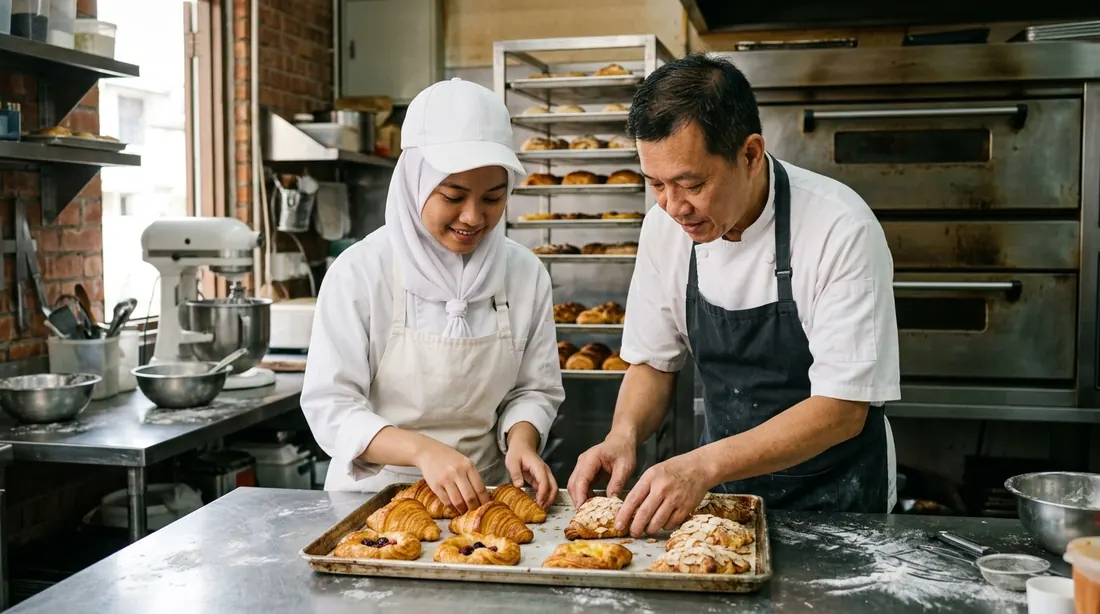 A young trainee in chef whites and a hijab arranges croissants and danishes on a tray while an experienced baker shows her how, in a small bakery kitchen.