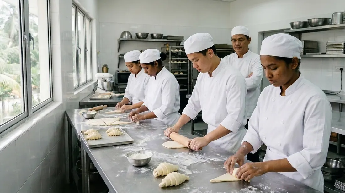 Four pastry students in white chef jackets and caps roll and shape croissant dough at steel benches while their instructor watches.