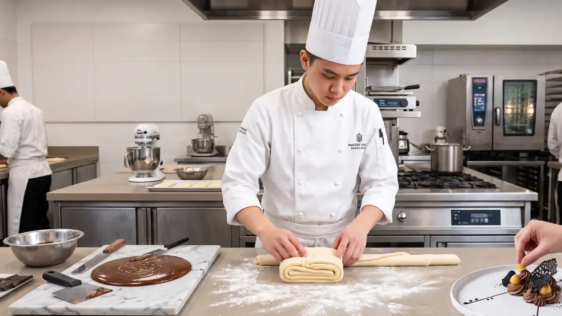 Pastry chef laminating dough beside tempered chocolate and a plated dessert in a professional kitchen