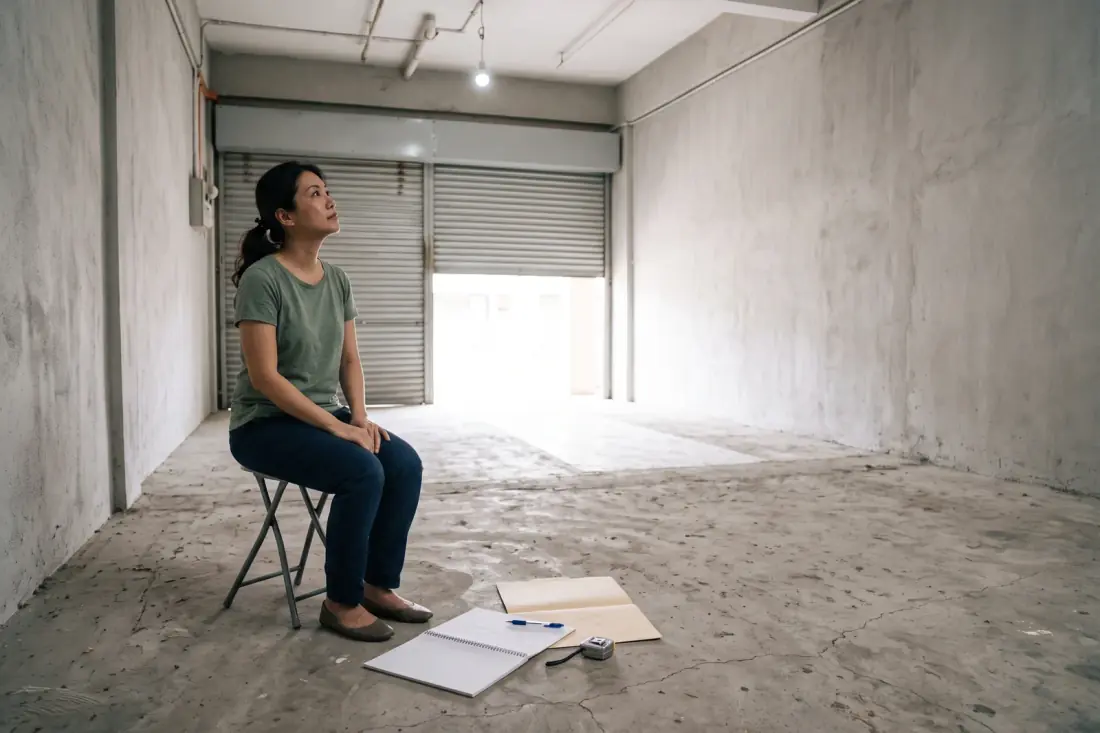 A woman sitting on a folding stool in an empty shop lot, a notebook, folder and tape measure on the bare concrete floor beside her