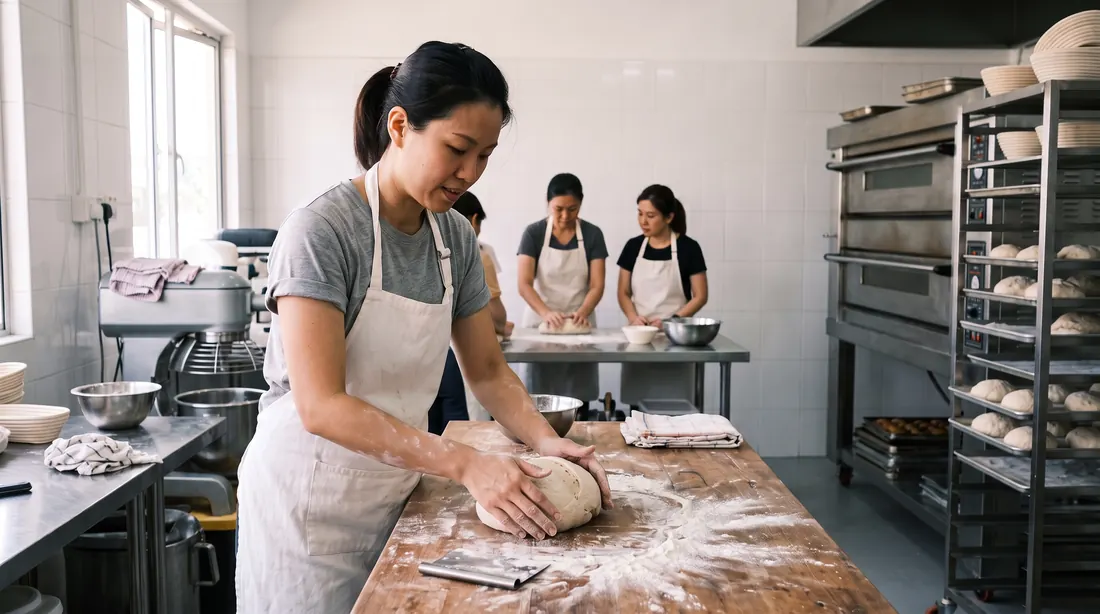 A working adult in a plain apron shapes bread dough on a floured bench during a weekend baking class in Johor Bahru.