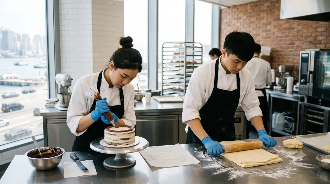 Two pastry students in a professional Johor Bahru kitchen, one piping a cake and one laminating dough, with a waterfront view through the window