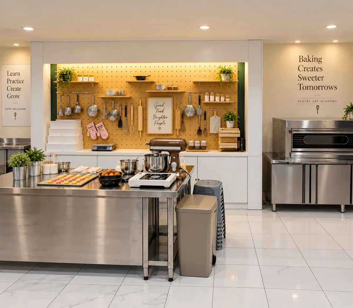 Demonstration station at Pastry Art Academy with a pegboard tool wall, stand mixer and deck oven