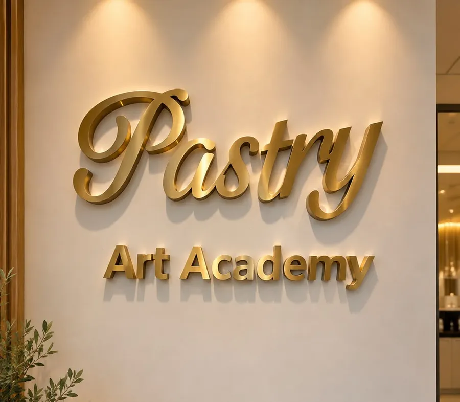 Gold Pastry Art Academy lettering on the entrance wall