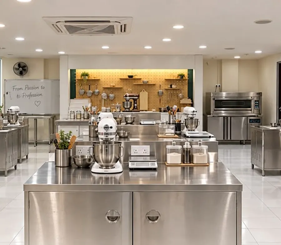 Main teaching kitchen with individual stainless steel workstations and stand mixers