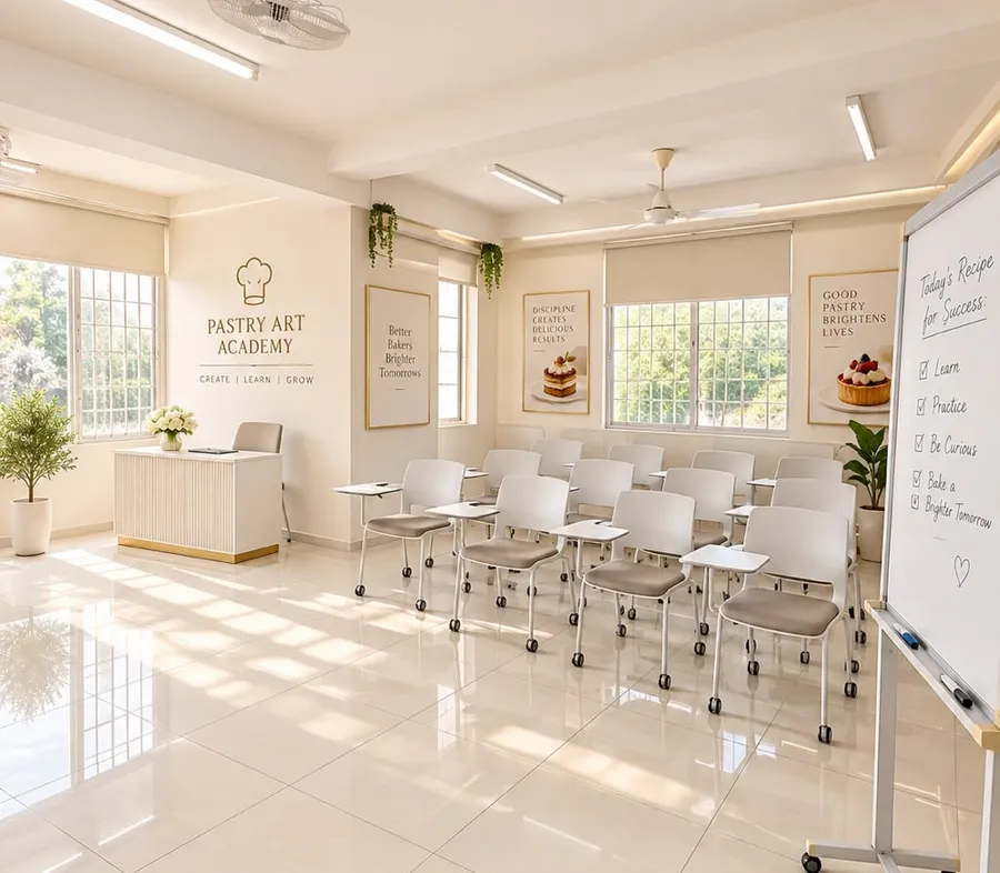 Theory classroom with individual tablet-arm chairs, a recipe whiteboard and a reception counter