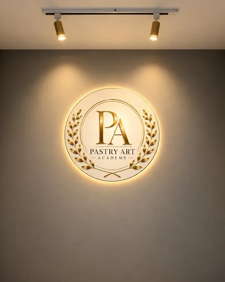 入口走廊的 Pastry Art Academy 背光徽章